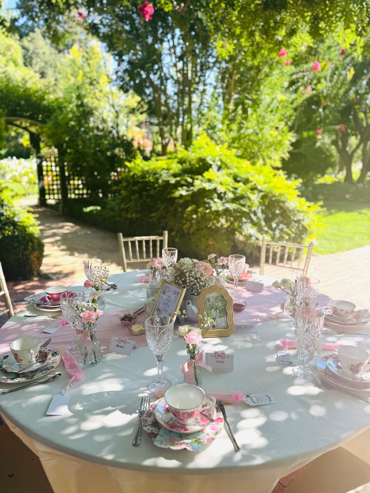Pink garden tea party table